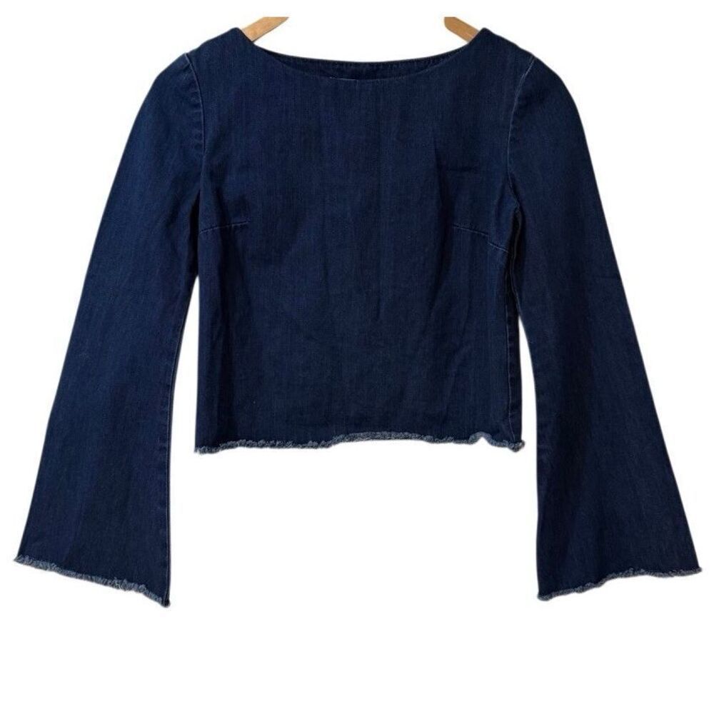 N/Nicholas Shirt Women 4 Blue Denim Cropped Jean Bell Sleeve Fringe Western Jean